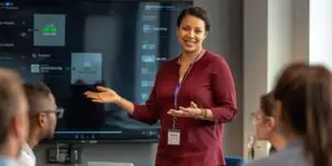 a leader with presence leads a meeting with the help of AI