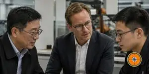 A European executive in conversation with two Chinese colleagues from different generations, in an industrial setting.