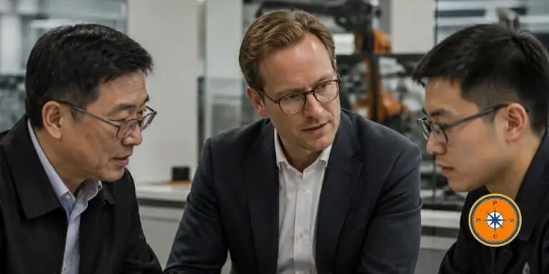 A European executive in conversation with two Chinese colleagues from different generations, in an industrial setting.